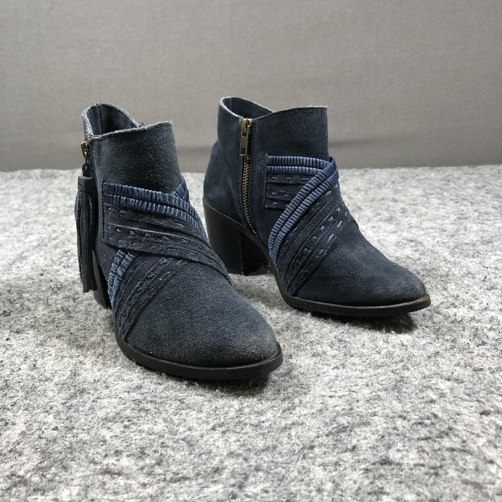 Naughty Monkey Booties Womens 6 Blue Suede Tassel Zip Block Heel Boho Ankle